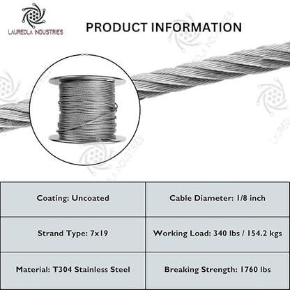 Laureola 1/8" 7x19 Stainless Steel Aircraft Wire Rope 304 Grade (700ft)