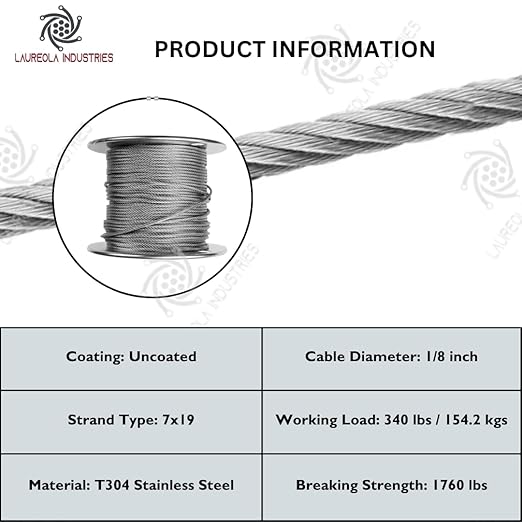 Laureola 1/8" 7x19 Stainless Steel Aircraft Wire Rope 304 Grade (300ft)