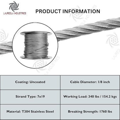 Laureola 1/8" 7x19 Stainless Steel Aircraft Wire Rope 304 Grade (400ft)