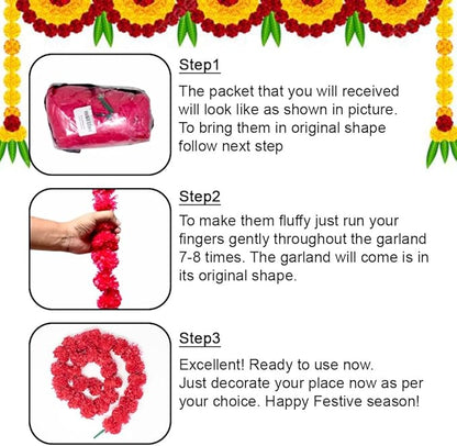 Artificial Marigold Garland for Decoration, Diwali Decorations Pack of 5 - Marigold Garland Flowers for Diwali Pooja -Traditional Indian Decoration (Red 5 PC | 4 to 4.5ft) Hashcart®