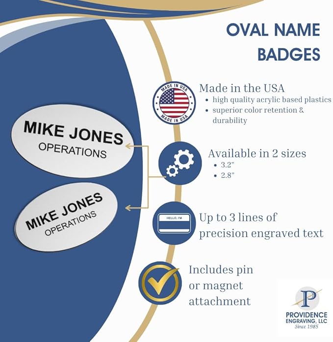 Custom Engraved Name Tag Badges – Personalized Identification with Pin or Magnetic Backing, 3.2 Inch Oval, Radiant Gold/Black