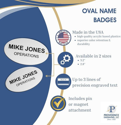 Custom Engraved Name Tag Badges – Personalized Identification with Pin or Magnetic Backing, 2.8 Inch Oval, Black/White