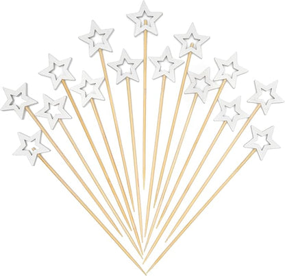 Minisland Big White Star Cocktail Picks, 5.5 Inch Long Bamboo Fancy Toothpicks for Appetizers, Decorative Independence Day Christmas Party Food Drinks Garnish Fruit Skewer Sticks 50 Counts - MSL434