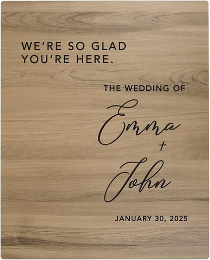 Andaz Press Large Wooden Welcome Sign for Wedding Rustic Welcome Sign 16" x 20" Custom Names So Glad You're Here Wedding Signage English Oak MDF Wood Finish Wedding Reception Indoor Outdoor Signs