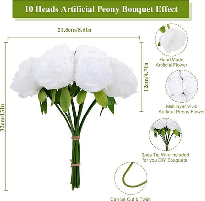 U'Artlines Artificial Peony Silk Flower with Stems 10pcs Real Look Vintage Peonies for Home Wedding Decoration(Pure White)