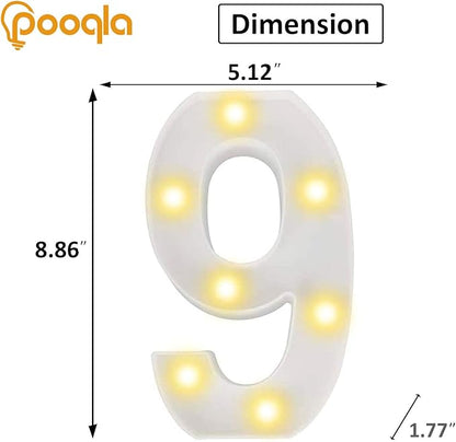 Pooqla Decorative Led Light Up Number Letters, White Plastic Marquee Number Lights Sign Party Wedding Decor Battery Operated Number (9)