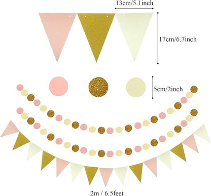 ZERODECO Party Decoration, 21 Pcs Pink Hanging Paper Fans, Pom Poms Flowers, Garlands String Polka Dot and Triangle Bunting Flags for Birthday Parties, Bridal Showers, Baby Showers, Wedding