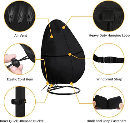 Outdoor Egg Chair Cover Waterproof with Zipper, UV Resistant & Windproof All-Weather Hanging Egg Chair Cover, Fade and Tear Resistant Hanging Chair Covers, 91" x 80", Black