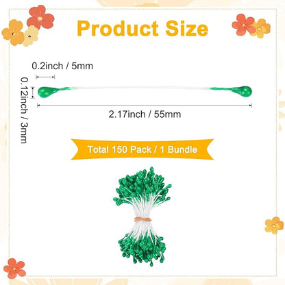 150-Pack Flower Stamens for Crafts, 5mm Double Heads Artificial Pearl Floral Pistil Mini Flower Pollens Stamens for DIY Making/Wedding/Scrapbook Decoration [Green]