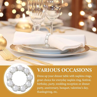 30Pcs Pearl Napkin Rings, Round Napkin Buckles Wedding Beaded White Napkin Rings Silver Napkin Ring Holder for Formal Dinner Reception Party Banquet Table Decor (Sliver)