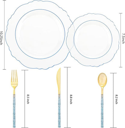 Liacere 150PCS Clear and Blue Plastic Plates-Clear and Blue Disposable Plates with Glitter Bamboo Handle Cutlery-60 Baroque Elegant Plates, 30 Forks, 30 Spoons, 30 Knives for Wedding＆Back to School