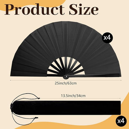 4PCS Large Chinese Folding Fans with 4 Fan Sleeves, Chinese Kung Fu Tai Chi Fans, Clacking Fans for Line Dancing, Popping Fans for Line Dancing for Adult(Black)
