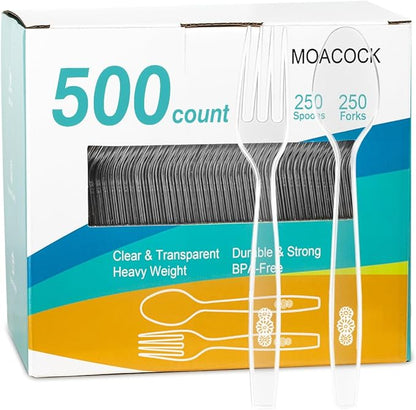 500 Count Plastic Silverware, Heavy Weight Plastic Forks Spoons Disposable Utensils Cutlery Set for Wedding Party Supplies Everyday Use
