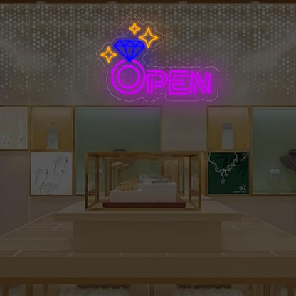 Diamond Open Indoor Neon Sign For Jewelry Store Custom Led Neon Sign Business Decor Store Decor Diamond LED Light Wall Art Decoration, 16.5"x11", Purple