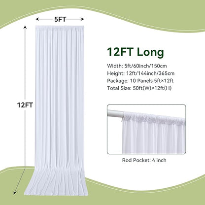 50×12ft Wrinkle Free White Backdrop Curtain, Soft Silky Draping Wedding Drapes for Backdrop 10 Panels 12 ft Long Backdrop Curtains for Birthday Baby Shower Photo Photography Background Cloth