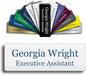 Custom Engraved Name Tag 1" x 3" Personalized Badge Magnetic or Pin Backing Made in The USA by Gem Awards (White w/Blue Text)