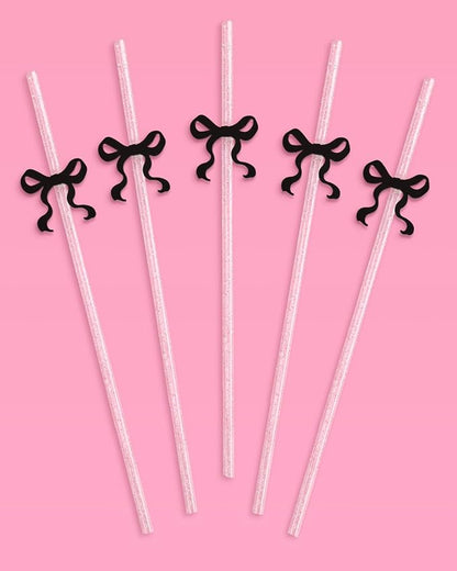 xo, Fetti Black Bow Reusable Straws, 12pcs - Clear Glitter Plastic | Birthday Drink Decorations, Coquette Drinkware, Tying the Knot Party Favor, Bachelorette Decor
