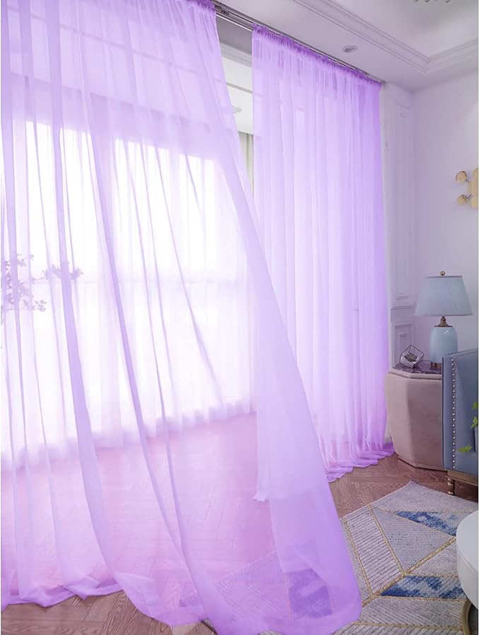 Window Purple Sheer Curtains 48 Inches Width 108 Inches Long 2 Panels Sheer Curtain Clear Curtains Basic Rod Pocket Panel for Home Living Room Bedroom Kids Room Yard Patio Parlor Sliding