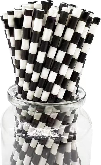 Biodegradable Black White Checkered Straws, 100 PCS Racing Car Straws Disposable Black Striped Paper Drinking Straw for Checkered Party Supplies, Treat Stick and Cake Pop Sticks