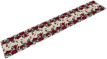 Rose Table Runner, Retro Red Rose Flowers Green Leaves Valentine's Day Kitchen Dinning Table Runner for Indoor Outdoor Home Wedding Party Holiday, 13x36 Inch