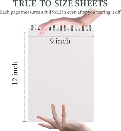 SuFly 9"x12" Drawing Paper, Pack of 2, 100 Sheets Each, Top Spiral Sketch Pad, 68lb/100gsm, White.