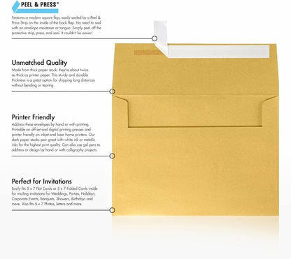 LUXPaper A7 Invitation Envelopes | Peel & Press | 5 1/4" x 7 1/4" | Gold Metallic | 80lb. Text | 250 Qty
