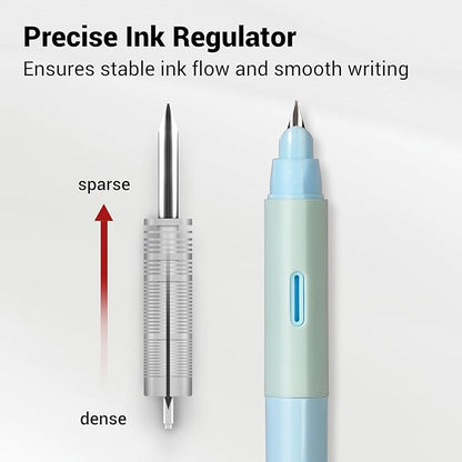 WRITECH Soft Grip Fountain Pen: Black Ink Fine Nib Pen with 1 Replacement Nib Set and 3 Ink Cartridges Smooth Writing for Calligraphy Journaling Gift (Blue)