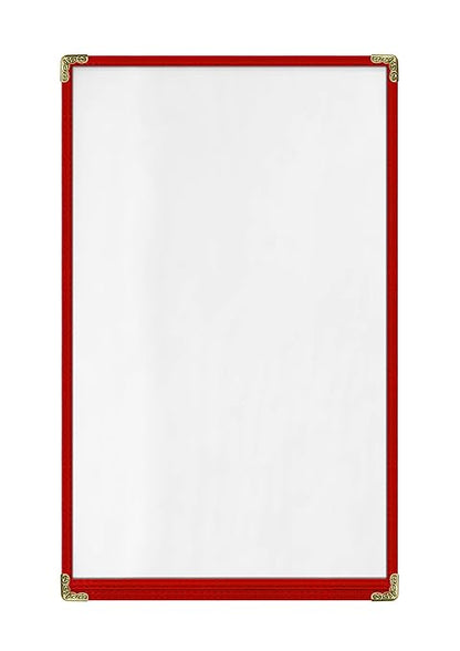 Goodsmart Restaurant Menu Covers – 25 Pack Red 2-View, Top-Loading Menu Holders, Vinyl & Plastic Café Menu Covers, Clear Menu Sleeves, Fits 8.5" x 14", Leather-Style Design, Gold Corners