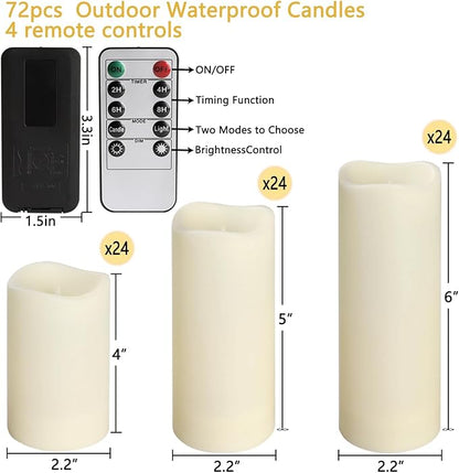 72-Pack Realistic Flameless LED Candle, Battery Operated with Remote Control, 3D Flame Pillar Timer Funtion Melted Top Safe,Perfect for Indoor/Outdoor Decor,Wedding,BBQ and Gift.