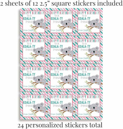Custom & Personalized Cute Koala Happy Birthday Gift Tag Sticker Labels, 24 2.5" Square Stickers by Amanda Creation