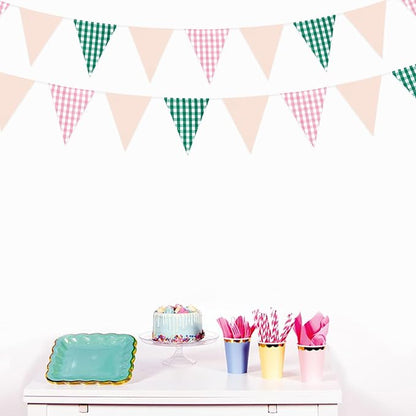 32Ft Pink Green Gingham Camp Bride Banner Green Pink Plaid Checkered Fabric Triangle Flag Pennant Garland Streamers for Camping Bachelorette Glamping Baby Shower Wedding Birthday Party Decorations