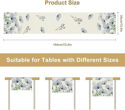 Watercolor Poppy Floral Table Runner, Abstract Seasonal Spring Summer Blue Purple Flower Kitchen Dinning Table Runner for Indoor Outdoor Home Wedding Party Holiday, 13x120 Inch