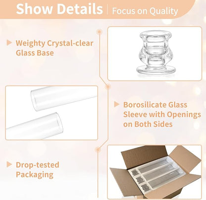 NUPTIO Taper Candle Holders Glass: Set of 2 Clear Hurricane Candlestick Holder - Fluted Candles Stick Stand with Tall Windproof Cylinder Cover for Thanksgiving Christmas Decor