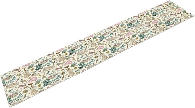 Sewing Theme Table Runner,Vintage Sewing Machine Tool Watercolor Pattern Print Tablecloth Burlap for Hotel Indoors Outdoor Dining Room Kitchen Home Decor,W13X L108 in