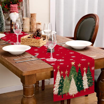 GEEORY Christmas Table Runner 13x48 Inch, Xmas Trees Snowflakes Holiday Decorative Farmhouse Table Decoration for Kitchen Dinning, Indoor Outdoor Dinner Party Decor (Red) GT150-48