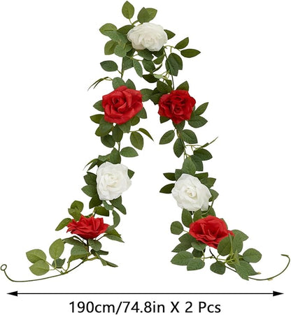 Artificial Rose Garlands Red Rose Vines Leaves Banners Hanging Floral Garland Fake Rose Flower Vine Wall Decorations
