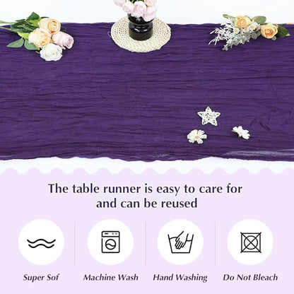 Purple Cheesecloth Table Runner -21*120Inch Long Boho Wedding Table Decor, Rustic Gauze Fabric Runner for Bridal Showers, Baby Showers & Parties (Sheer, Lightweight, Wrinkled Design)