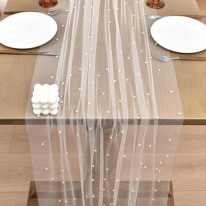 Joanlody Fall Pearl Table Runner 10ft Rustic Boho Tulle Table Runner with Pearls for Baby Shower Wedding Party Veil Dessert Thanksgiving Table Decor Champagne