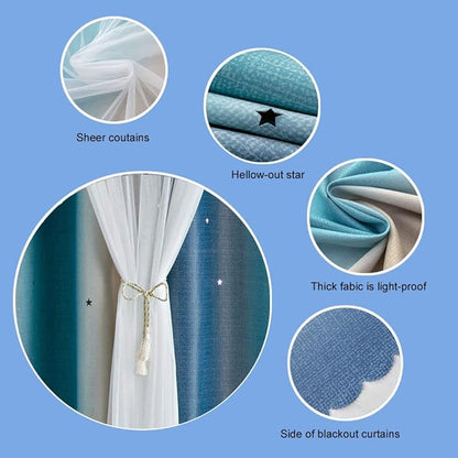 FANLI Ombre Rainbow Blackout Curtains for Kid Girls Bedroom Living Room Darking Stripe Double Layer Star Cut Out Wall Home Decor Gradient Grommet Window Curtains (Blue/Yellow, 52W x 95L)