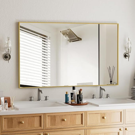 BEAUTYPEAK Gold Bathroom Wall Mirror - 30" x 40" Rectangular Mirror with Metal Frame, Hangs Horizontal or Vertical for Living Room Bedroom Bathroom Entryway