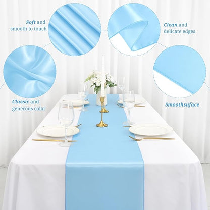 12 Pack Light Blue Satin Table Runner,12 x 108 inch Long Premium Smooth Table Runner for Wedding, Banquets, Birthday, Party, Graduation, Engagements,Table Runners fit Rectangle and Round Table