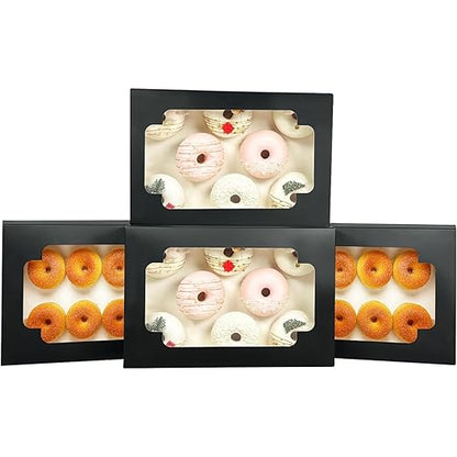 qiqee Auto-pop up Black Cookie Box with Window 12x8x2.5 inch 18 Packs Two Uses One Second Folding Pastry Biscuit Bakery Box for Packaging