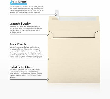 LUXPaper Square Invitation Envelopes | Peel & Press | 6 1/2" x 6 1/2" | Natural Linen | 80lb. Text | 50 Qty