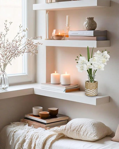 White Orchids Artificial Flowers with Vase, Small Faux Orchid Arrangement Fake Flower in Woven Glass Vase Small White Centerpieces for Kitchen Dining Room Tables Bathroom Nightstand Decor