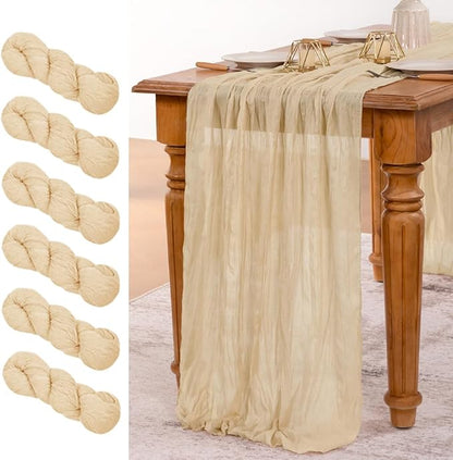 MLMW 6 Pack Champagne Gold Table Runner Cheesecloth Boho Gauze Rustic Cheese Cloth 160 inch Sheer Wedding Table Runner 13.3ft for Thanksgiving Party Baby Bridal Shower Birthday