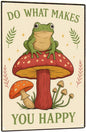 Funny Frog on Mushroom Metal Sign - Cute Cottagecore Forest Wall Decor for Bathroom, Kitchen, Bedroom or Patio - Whimsical 12" x 8" Tin Sign