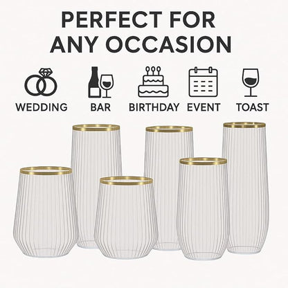 48 Pack Ribbed Origami Ripple Plastic Glasses, 24 9 Ounce Stemless Champagne Flutes & 24 12 Ounce Cups, BPA-Free Disposable Shatterproof Toasting Glasses for Weddings, Bars, and Events (Gold Rim)