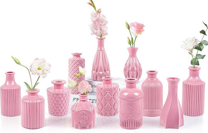 Baby Pink Glass Bud Vases Set of 12, Mini Flower Vase for Centerpieces, Small Vases in Bulk for Wedding Decoration, Vintage Vase for Baby Shower Centerpieces, Home Décor