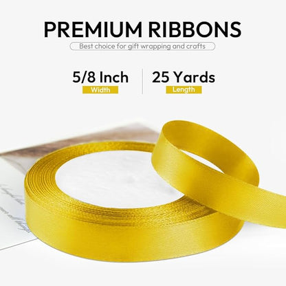 5/8 Inch 25 Yards Satin Ribbon Yellow, Solid Color Fabric Ribbon for Gift Wrapping, Wedding, Polyester Gift Ribbon for Birthday Party Decoration, Craft, Hair, Floral, Sewing