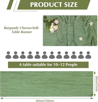 Olive Green Cheesecloth Table Runner -21*120Inch Long Boho Wedding Table Decor, Rustic Gauze Fabric Runner for Bridal Showers, Baby Showers & Parties (Sheer, Lightweight, Wrinkled Design)